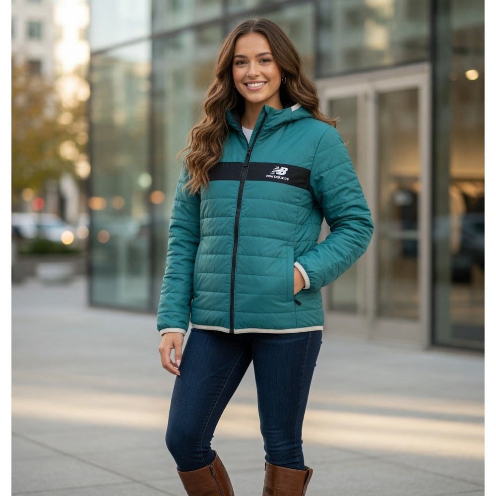 New Balance Womens Terrain 78 Quilted Puffer Jacket Hooded Full Zip Sz Large